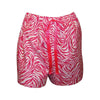 Women zebra pajama set featuring playful pink and white zebra print shorts with a decorative ribbon tie